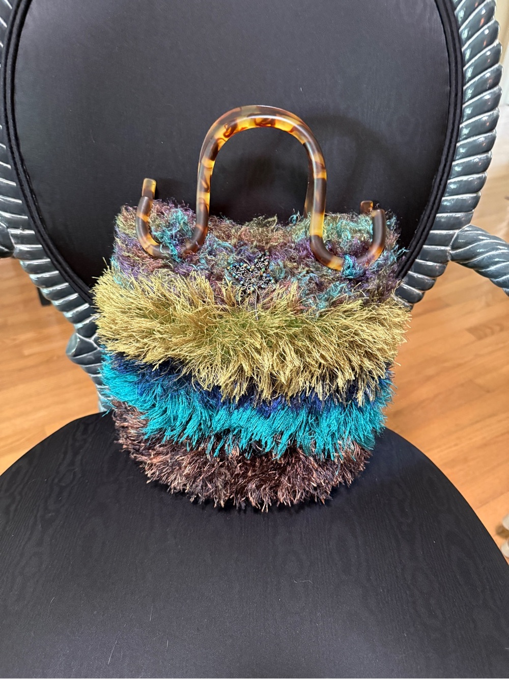 Hand Knit Felted Purse with cute Rhinestone detail and  Tortiseshell Handles,
